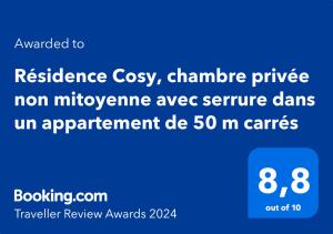 Chambre privée classée 2 étoiles avec serrure et non mitoyenne dans un appartement de 50 m2 dans une résidence cosy et Paris à proximité