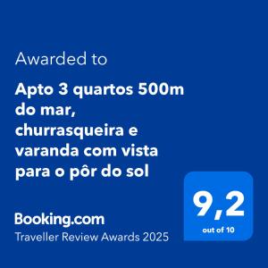 Apto com churrasqueira 500m do mar com vista da salaSacada para horizonte