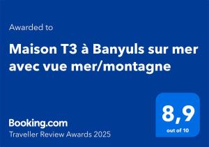Maison T3 à Banyuls sur mer avec vue mermontagne
