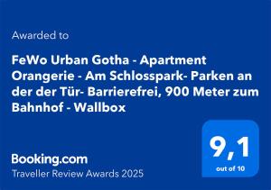 FeWo Urban Gotha - Apartment Orangerie - Am Schlosspark- Parken an der der Tür- Barrierefrei, 900 Meter zum Bahnhof - Wallbox
