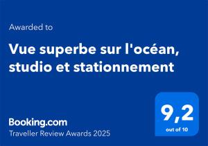 Vue superbe sur locéan, studio et stationnement