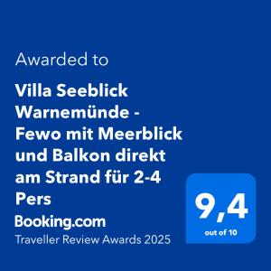 Villa Seeblick Warnemünde - Fewo mit Meerblick und Balkon direkt am Strand für 2-4 Pers