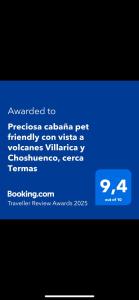 Preciosa cabaña pet friendly con vista a volcanes Villarica y Choshuenco, cerca Termas