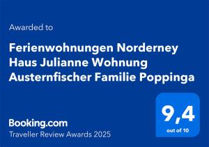 Ferienwohnungen Norderney Haus Julianne Wohnung Austernfischer Familie Poppinga