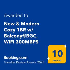 New & Modern Cozy 1BR w Balcony@BGC, WiFi 300MBPS