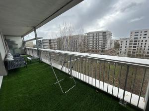 Large bright T4, tram, parking