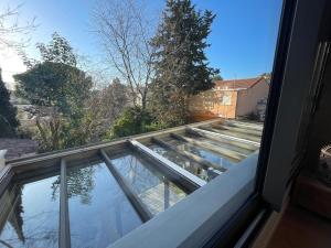 Glass and wood designer villa with garden in centertown