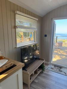 coastal view shepherds hut with hot tub