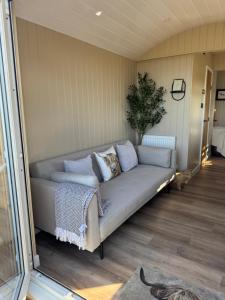 coastal view shepherds hut with hot tub