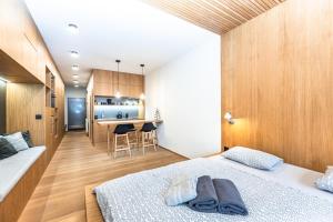 Studio Čertovka Ski & Bike & Chill Harrachov, předzahrádka s grilem, parking, komora na kola a lyže, Wi-Fi, Netflix, 65"TV