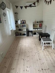 A simple stuga on a lake incinerating toilet in a separate building next to the cabin Water for drinking and washing hands dishes comes from two containers that attach to a faucet through a simple electric pump OBS no shower on site