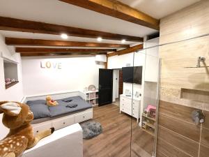 Horský dům pod přehradou u sjezdovky a potůčka v horách