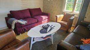 Mysigt hus med utsikt över fjäll och älv.