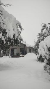 Cabaña nieve, tinaja y vista al volcan