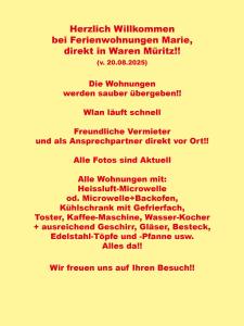 Ferienwohnungen "Marie" mit Terrassen, inclusive Park- und Stellplätze am Haus, Müritz-Strand nur 700m, Altstadt 10min, ruhige Lage,