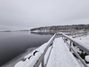 Modern, lakeside cottage with a glimpse of Lake Vänern