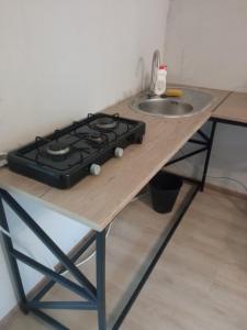 studio with a fireplace