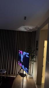 Elegant studio with 65-inch screen and outdoor seating