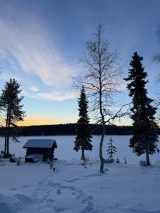 Kuonti-Ruka, kelohirsimökki järven rannalla