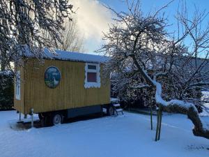 Gypsy Caravan in Weideblick with Farm Animals