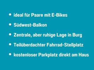 Casa Ueberall - Ruhige DG-Ferienwohnung für 2 Erwachsene in Burg - Balkon mit Abendsonne, hochwertige Ausstattung, überdachter E-Bike-Stellplatz, Nähe zur Altstadt & Restaurants