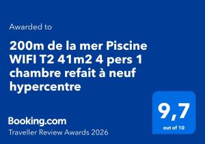 200m de la mer Piscine WIFI T2 41m2 4 pers 1 chambre refait à neuf hypercentre