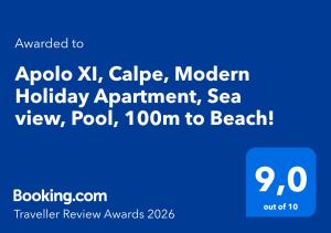 Apolo XI, Calpe, Modern Holiday Apartment, Sea view, Pool, 100m to Beach!