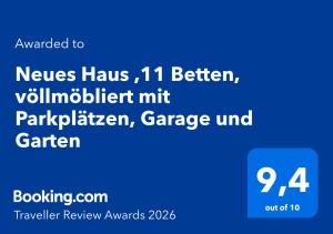 Neues Haus ,11 Betten, völlmöbliert mit Parkplätzen, Garage und Garten