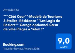 "Côté Cour"-Meublé de Tourisme 3 étoiles -Résidence "Les Logis de Béziers"-Garage optionnel-Cœur de ville-Plages à 16km !
