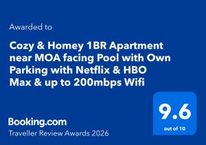 ClaySky Staycation S2T1-Cozy & Homey 1BR Apartment near MOA facing Pool with Own Parking with Netflix, HBO Max YouTube Premium & up to 200mbps Wifi