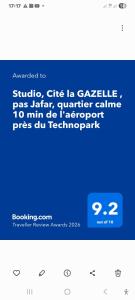 Studio, Cité la GAZELLE ,pas Jafar, quartier calme 10 min de laéroport près du Technopark