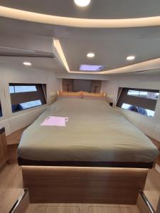 Luxury motor yacht with harbour view