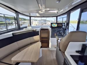 Luxury motor yacht with harbour view