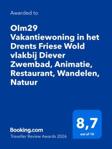 Olm29 Vakantiewoning in het Drents Friese Wold vlakbij Diever Zwembad, Animatie, Restaurant, Wandelen, Natuur