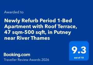 Newly Refurb Period 1-Bed Apartment with Roof Terrace, 47 sqm-500 sqft, in Putney near River Thames