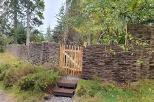 Wood cabin with hot tub surrounded by nature