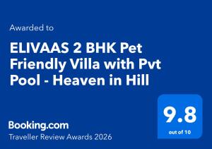 ELIVAAS 2 BHK Pet Friendly Villa with Pvt Pool - Heaven in Hill