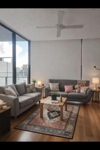 Sky risen cozy bedroom with bathroom