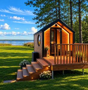 Atmospheric cabin trailer with a sea view