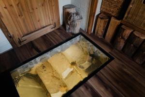 Glampingová chata Lipno s vinným sklepem a mechovým interiérem