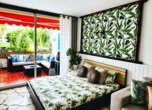 Tropical garden view with pool