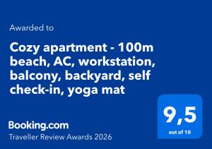 Cozy apartment - 100m beach, AC, workstation, balcony, backyard, self check-in, yoga mat