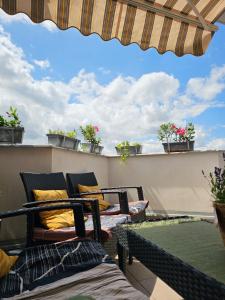 Luxurious, floral penthouse terrace and sauna