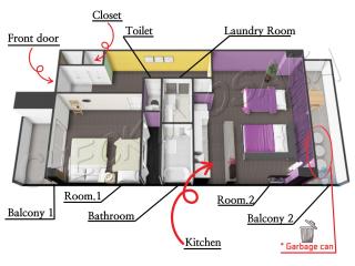 G3 ll 특별가격 전철역 도보3분 번화가의 조용한 2룸 퍼플하우스 침대4 - 5