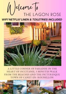 Le Lagon Rose nice bungalow Camping SIBLU le Mar Estang Canet-en-Roussillon, 2 rooms, 2 bathrooms, 2 TV, free WIFI, sheets & towels included, beach at 5 mn walk - 9