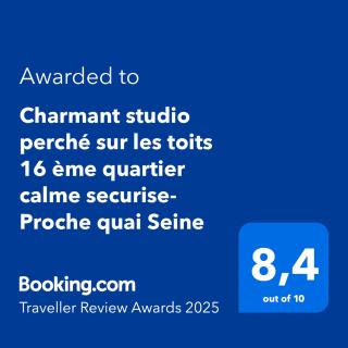 Charmant studio perché sur les toits, avec ascenseur, 16 ème quartier calme securise- Proche quai Seine - 6