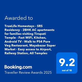 TrueLife - Family Suites - PS4 veg restaurant, on way to Balaji Temple - 2BHK AC apartments - Coffee Tea Milk - Super Fast WiFi, Kitchen, Smart TV, Parking - Easy access to Airport, Railway Station and to all Temples - Top service with lots of Love - Tirupati - 1
