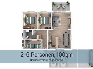 Ferienhaus Höckelheim - Savanna Lodge - barrierefrei - 3 Schlafzimmer-bis 6 Gäste - nahe Göttingen - 100 qm - Babies reisen gratis - Terrasse, Garten & Grill - vollausgestattete Küche mit Spülmaschine - Klimaanlage, Fußbodenheizung & Raffstores - 8