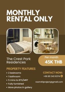 The Crest Park Residences Monthly Rent only #2BR Apartment at Chatuchak #MrtBts - 0