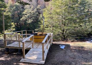 Vista al volcán con tinaja y río en Conguillío - 3